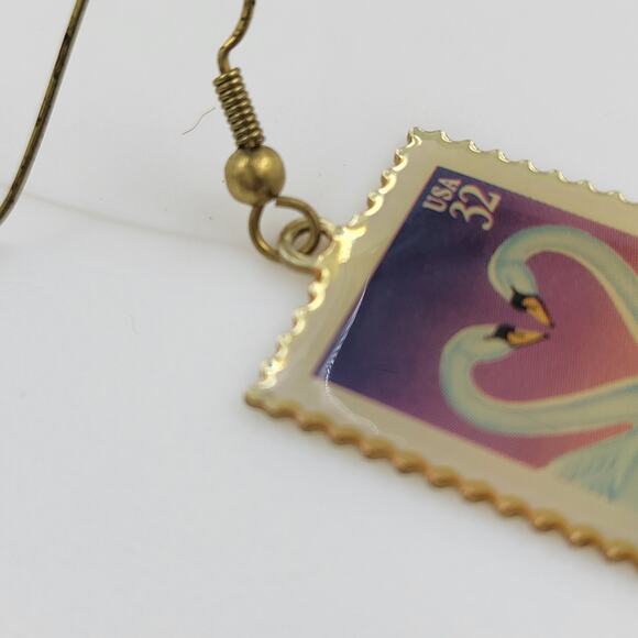 Swan Love 32 Cent Stamp Dangle Earrings Heart Gold Tone Postage Mail USA - Picture 7 of 12